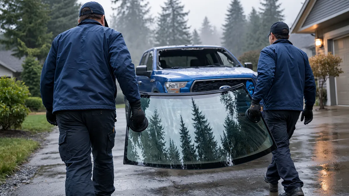 Two technicians carrying a new windshield up a driveway toward a blue Ford pickup