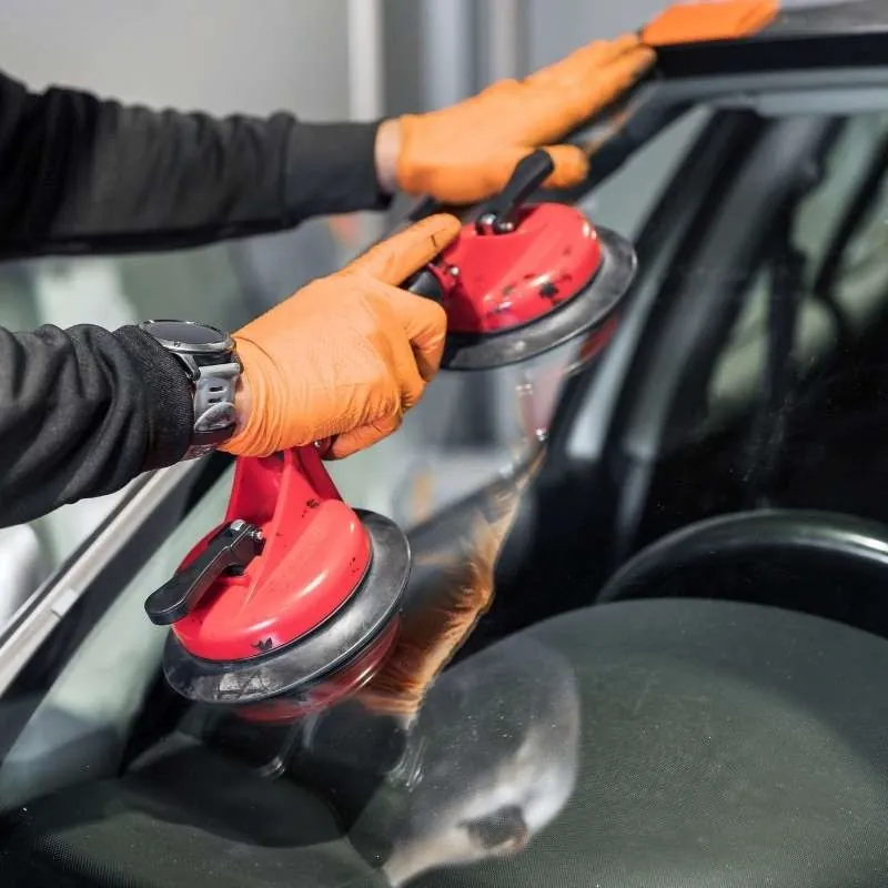 Gloved technician positioning replacement auto glass with suction cup tools