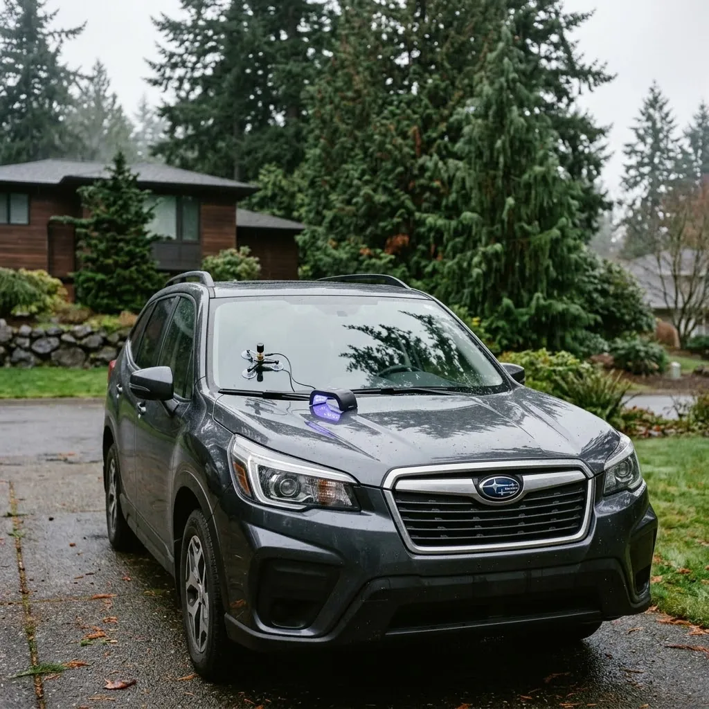 Subaru Forester in a residential driveway with a chip repair tool mounted on the windshield