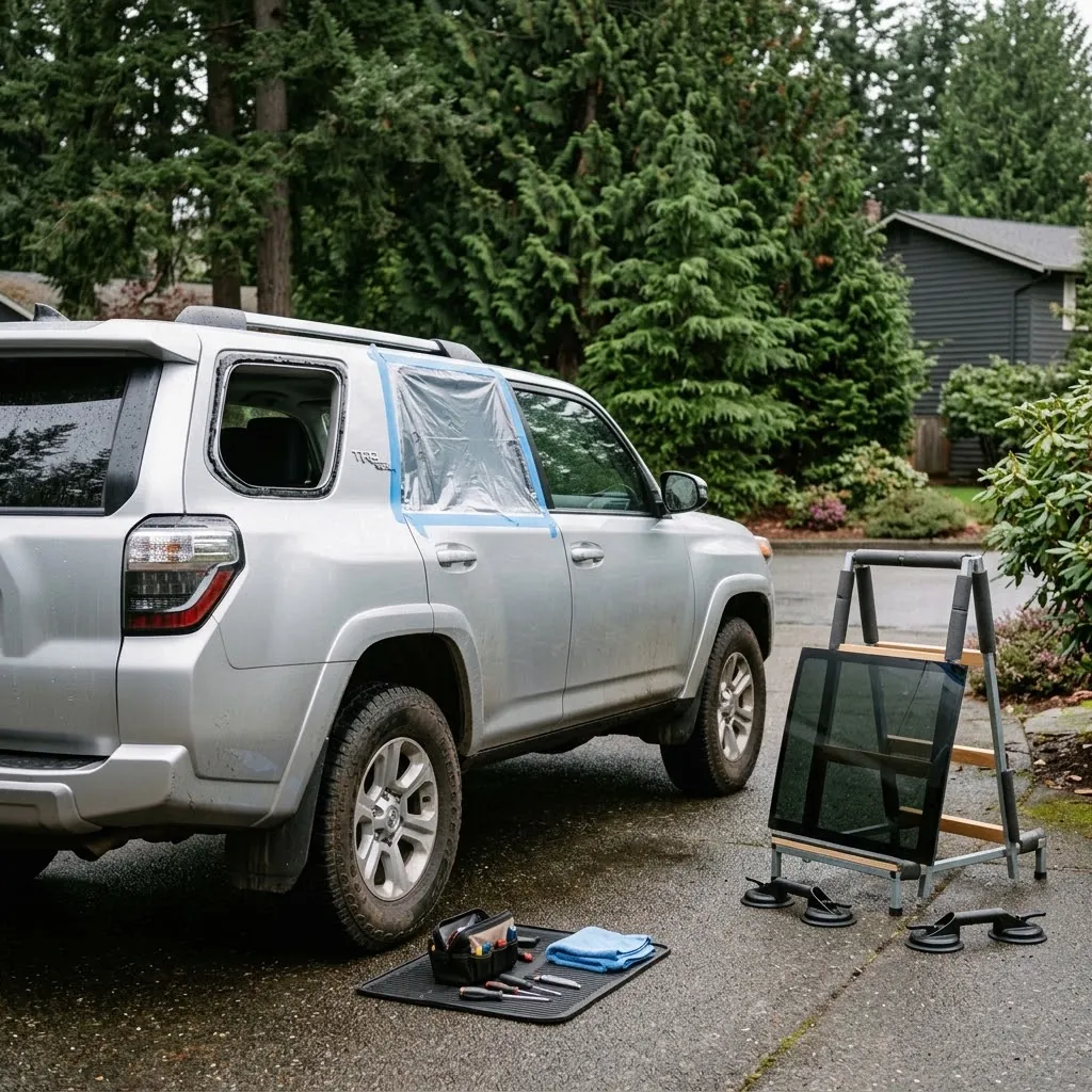 Silver Toyota 4Runner with its rear door window taped off and new glass on a stand beside it