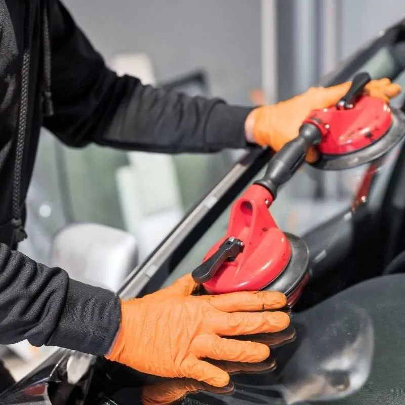 Technician in orange gloves setting a new windshield with red suction cup handles